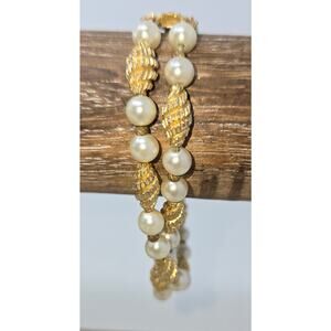 Vintage Trifari Signed Gold Tone Faux Pearl Two Strand Bracelet Fashion Jewelry